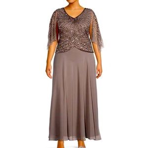 Gown in mercury color 3/4 flutter sleeves A line.